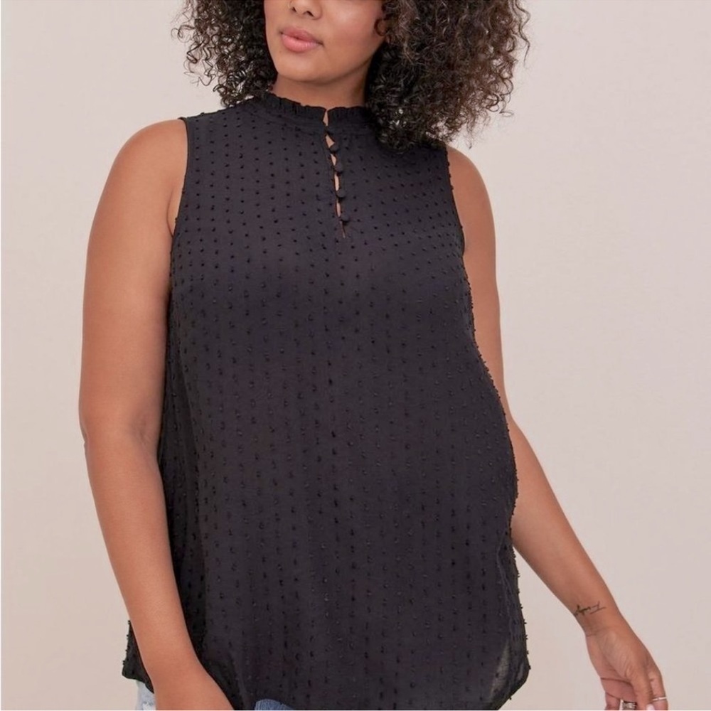 Torrid - Swiss Dot Ruffle Trim Mock Neck Top - black - 4X